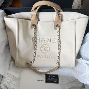 CHANEL Canvas Pearl Large Deauville Tote Ecru Beige.
